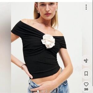 Reformation Black Off-Shoulder Top with Cream Floral Detail